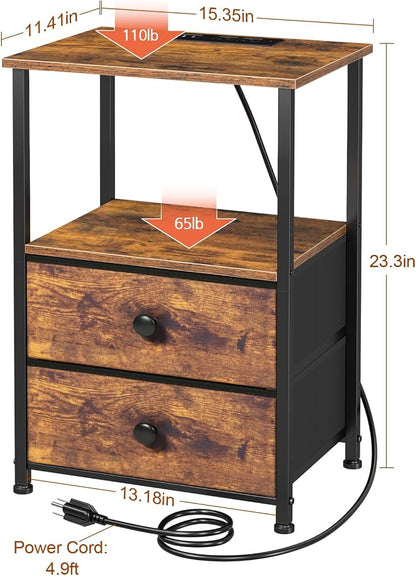 LOAKEKEL Nightstands Set of 2, Night Stand with Charging Station, End Tables with Storage Shelf for Small Spaces, Bedside Table with 2 Fabric Drawers for Bedroom, Rustic Brown, HETS020PBR