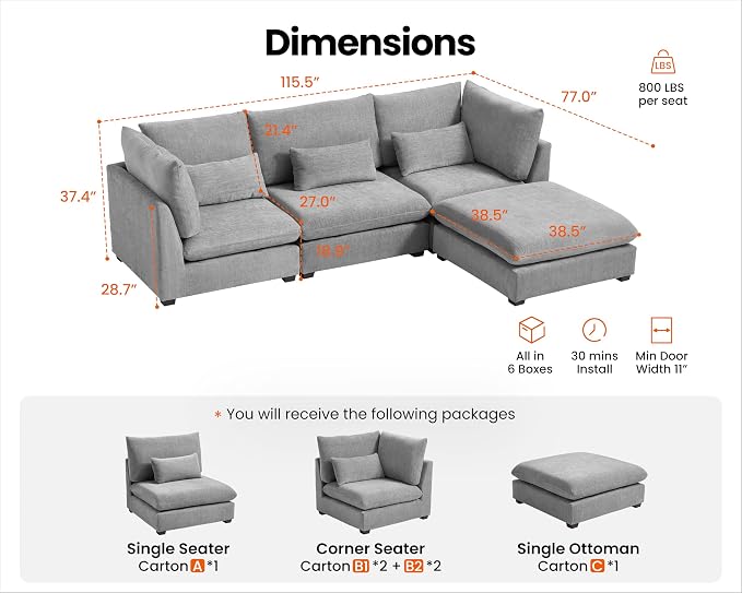 115" Oversized Chenille Couch Modular Sectional Sofa, Washable Cloud Couch Sectional with Ottoman, 4 Seater Sectional Couches for Living Room, Fully Cover Removable, L Shaped, Chenille, Grey