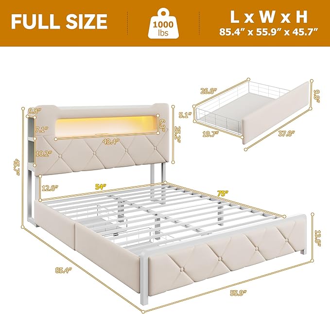 Full Upholstered LED Bed Frame with 2 Storage Drawers and 2-Tier Storage Headboard, Velvet Princess Platform Bed with Charging Station & Bookcase, Corner Bed Frame, Heavy Duty Metal Support, Beige