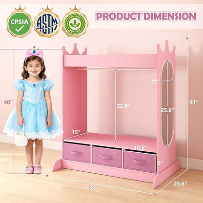 COSVALVE Kids Dress Up Storage with Mirror and Drawers, Kid Armoire Dresser, Pretend Storage Closet for Kids, Costume Wardrobe with Top Shelf for Playroom Bedroom, Lovely Pink