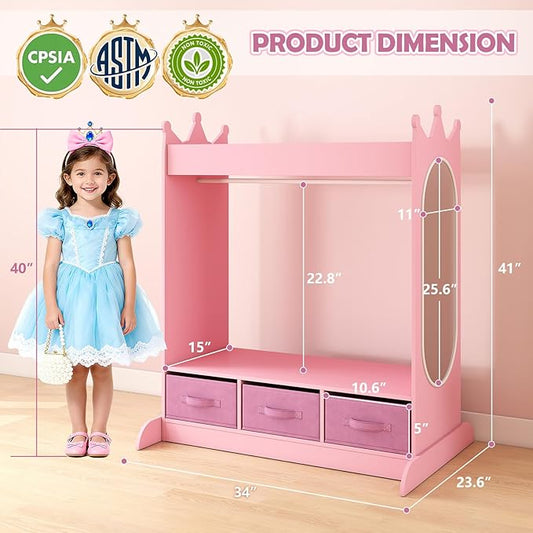 COSVALVE Kids Dress Up Storage with Mirror and Drawers, Kid Armoire Dresser, Pretend Storage Closet for Kids, Costume Wardrobe with Top Shelf for Playroom Bedroom, Lovely Pink
