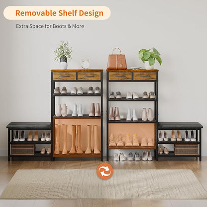 Shoe Rack Bench Shoe Rack for Entryway, Cushioned Entryway Shoe Storage with 2 Drawers & 5-Tier Organizer, Metal Frame Wood Top Narrow Space-Saving Hallway Organizer for Closet & Front Door
