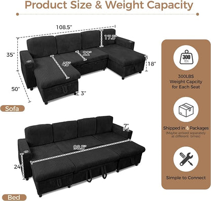 Modular Sectional Sleeper Sofa with Pull Out Bed, Plush Corduroy U Shaped Couch with Storage Chaise, USB Ports, Cup Holders, Comfy Sectional Couches for Living Room, Black