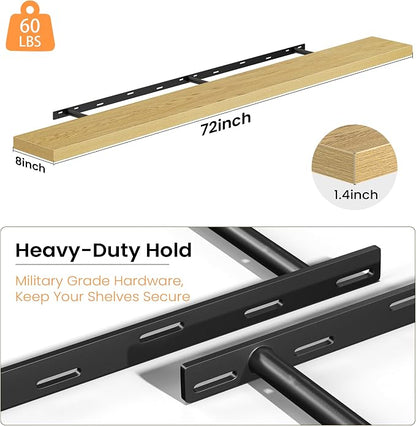 Fun Memories 72 Inch Floating Shelves - Fireplace Mantel Shelf - Deep Wall Mounted Wood Storage Shelf for Bedroom, Kitchen, Farmhouse - 2 Pack, Oak
