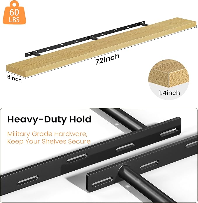 Fun Memories 72 Inch Floating Shelves - Fireplace Mantel Shelf - Deep Wall Mounted Wood Storage Shelf for Bedroom, Kitchen, Farmhouse - 1 Pack, Oak