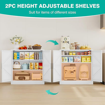 White Storage Cabinet with Doors and Adjustable Shelves,36" Farmhouse Food Pantry Cabinets,Small Sideboard Cabinet,Short Metal Storage Cabinets for Home Kitchen,Dining/Living/Laundry/Room