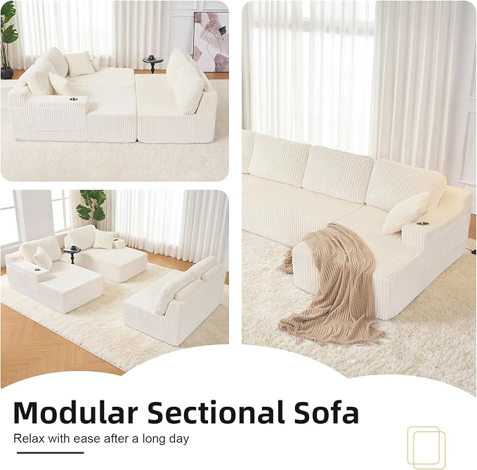 130" U-Shaped Modular Sectional Sofa with Chaise, Boneless Corduroy Flexible Module Seating for Living Room, Cloud Couch with Cup Holders and Side Pockets, No Assembly (Beige)