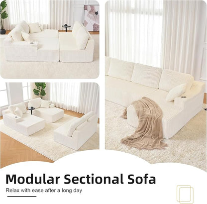 130" U-Shaped Modular Sectional Sofa with Chaise, Boneless Corduroy Flexible Module Seating for Living Room, Cloud Couch with Cup Holders and Side Pockets, No Assembly (Beige)