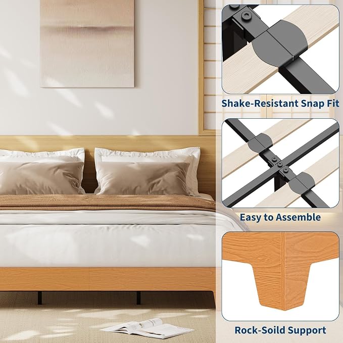 IDEALHOUSE King Size Platform Bed Frame,Boho Wood Bed with Noise-Free Slats,No Box Spring Needed,Nature Bedroom Furniture,Sturdy Wooden Bed Foundation,Easy Assembly
