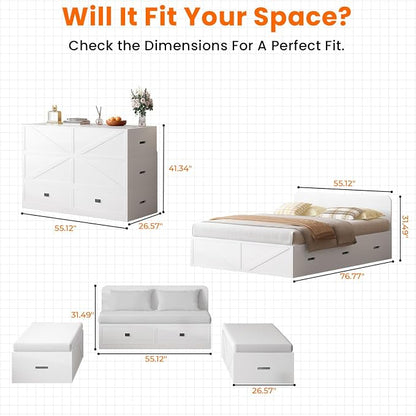 CECER 3-in-1 Full Murphy Bed with Mattress for Small Space -White | Multi-Functional Desgin that Converts to Sofa Set，Bed and Cabinet，Easy Assemble ＆ Conversion