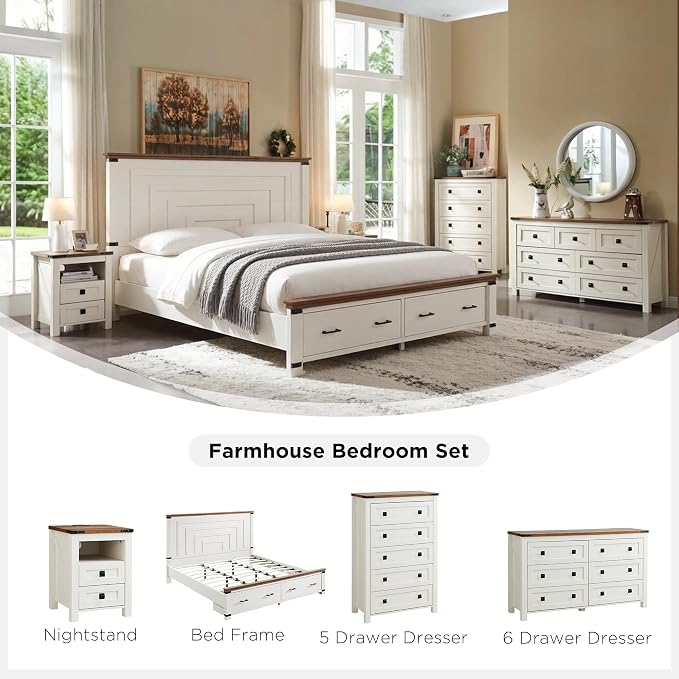 T4TREAM 54" Wide Farmhouse 6-Drawer Dresser for Bedroom, Antique White | Rustic, Wood Storage Cabinet, Metal Handle, Unique Corner Accent, Bedroom, Living Room, Hallway