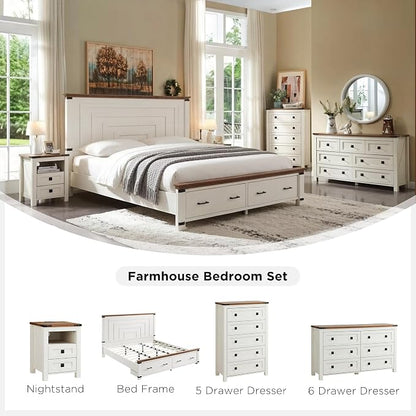 T4TREAM 54" Wide Farmhouse 6-Drawer Dresser for Bedroom, Antique White | Rustic, Wood Storage Cabinet, Metal Handle, Unique Corner Accent, Bedroom, Living Room, Hallway