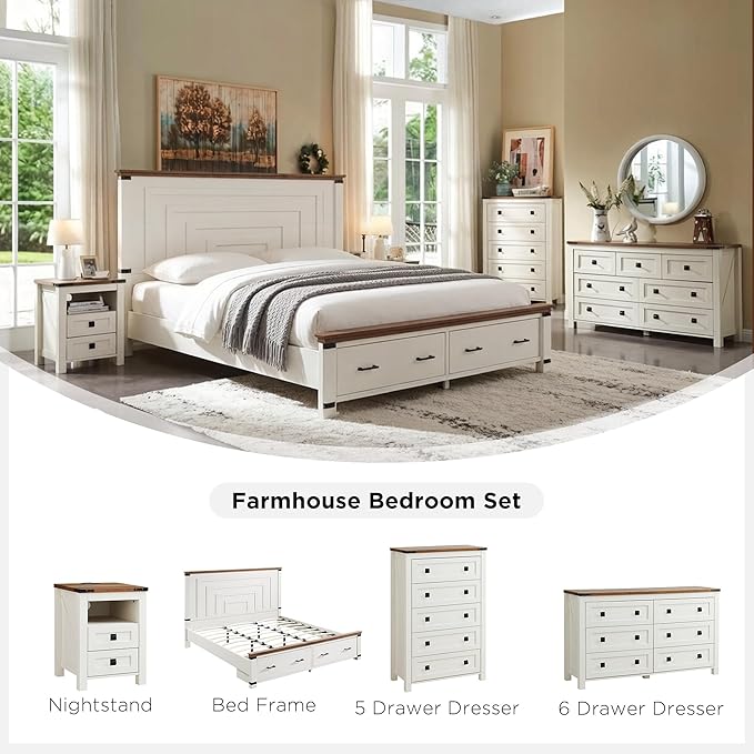 T4TREAM 48" Tall Farmhouse 5-Drawer Dresser for Bedroom, Antique White | Rustic chests of drawers, Wood Storage Cabinet, Metal Handle, Unique Corner Accent, Bedroom, Living Room, Hallway