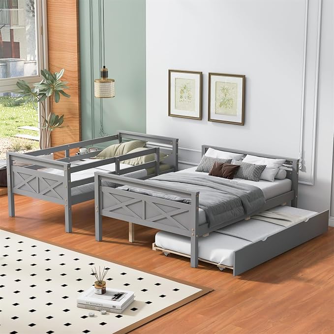 Merax Trundle Bunk Bed, Twin Over Full Wood Bunk Bed with Twin Size Trundle and Ladder, 3-in-1 Convertible to 2 Separate Beds, Solid Wood Frame with Guardrail, Grey