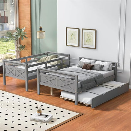 Merax Trundle Bunk Bed, Twin Over Full Wood Bunk Bed with Twin Size Trundle and Ladder, 3-in-1 Convertible to 2 Separate Beds, Solid Wood Frame with Guardrail, Grey