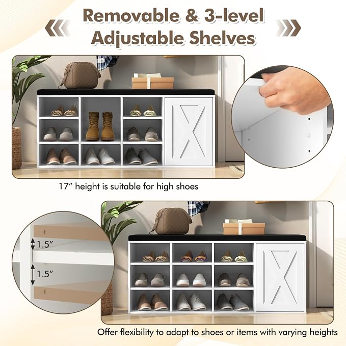 Tangkula Shoe Storage Bench with Padded Cushion, 3-Tier Entryway Bench with 9 Compartments, Adjustable Shelves, Closet, 9-Cube Shoe Organizer for Entryway, Hallway, Bedroom (White)