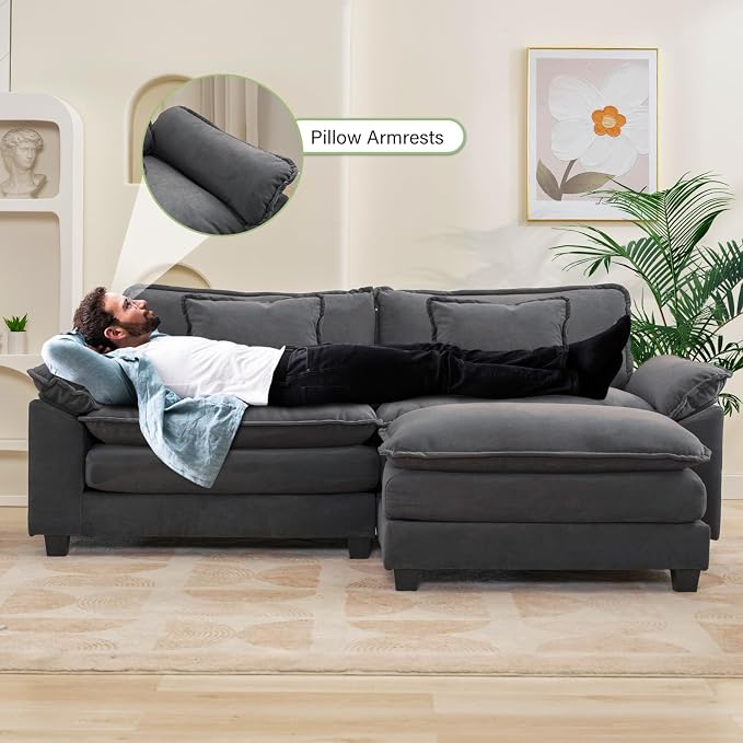 Oprisen 86" Modular Sectional Sofa, Comfy Cloud Couch Sectional Sofa with Ottoman, Velvet Sofa Sleeper Deep Seat Sofa with Throw Pillows for Living Room (Blue Gray, 86"- L Shape)