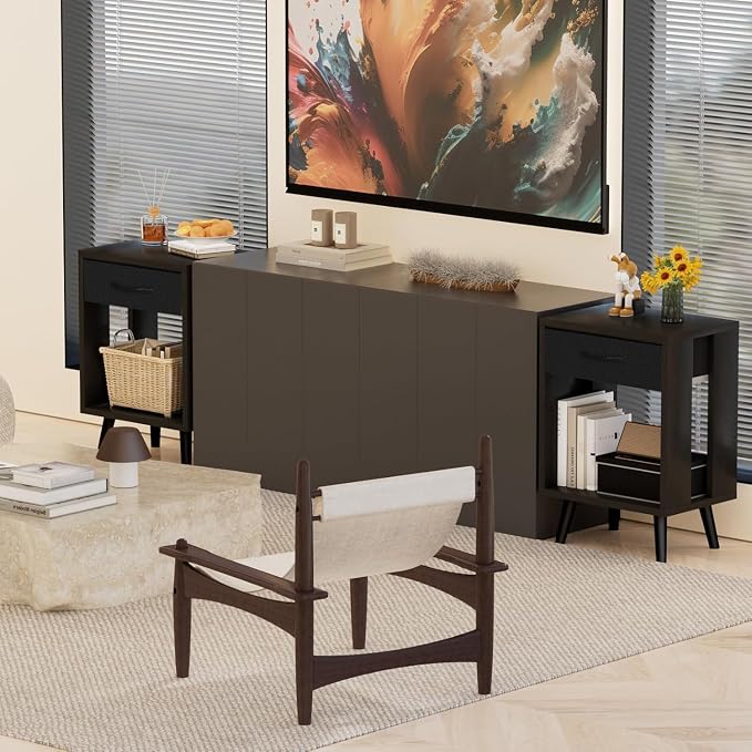 GYIIYUO 24" H Nightstands Set of 2 with Fabric Drawer, Black | Open Wood Shelf, Side Table with Storage for Bedroom, Spacious 15.7"L x 11.8"W x 24"H Top Fits Lamp + Books, Stable Frame