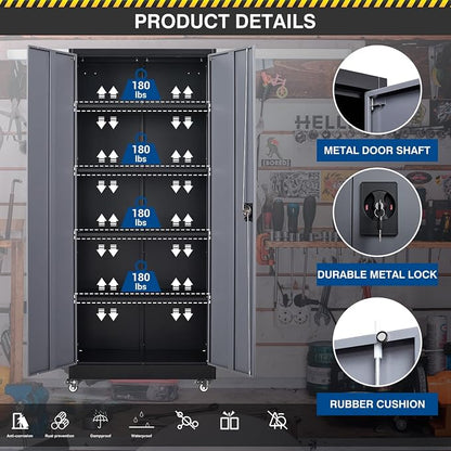 Fesbos Metal Rolling Storage Cabinet-74.6” Tall Steel File Cabinets with Wheels Lockable Doors and Adjustable Shelves-Black & Gray Steel Storage Cabinet for Home, School, Office, Garage