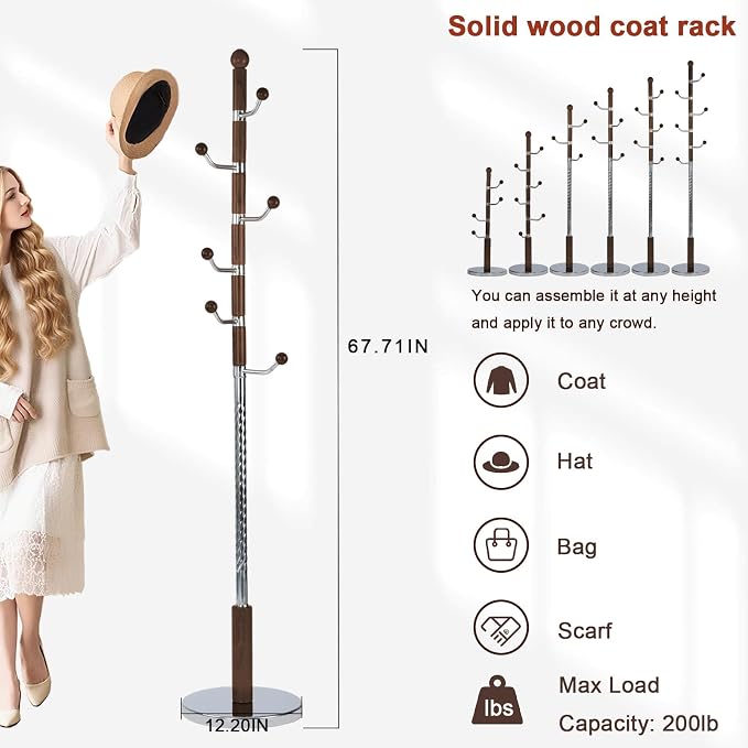 Coat Racks Freestanding, Natural Wood Coat Stands with 6 Hooks, 68" Heavy Duty Adjustable Height Vintage Hall Tree for Entryway, Bedroom, Office, Easy Assembly (Walnut Metal Hook)
