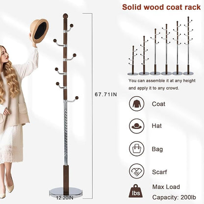 Coat Racks Freestanding, Natural Wood Coat Stands with 6 Hooks, 68" Heavy Duty Adjustable Height Vintage Hall Tree for Entryway, Bedroom, Office, Easy Assembly (Walnut Metal Hook)