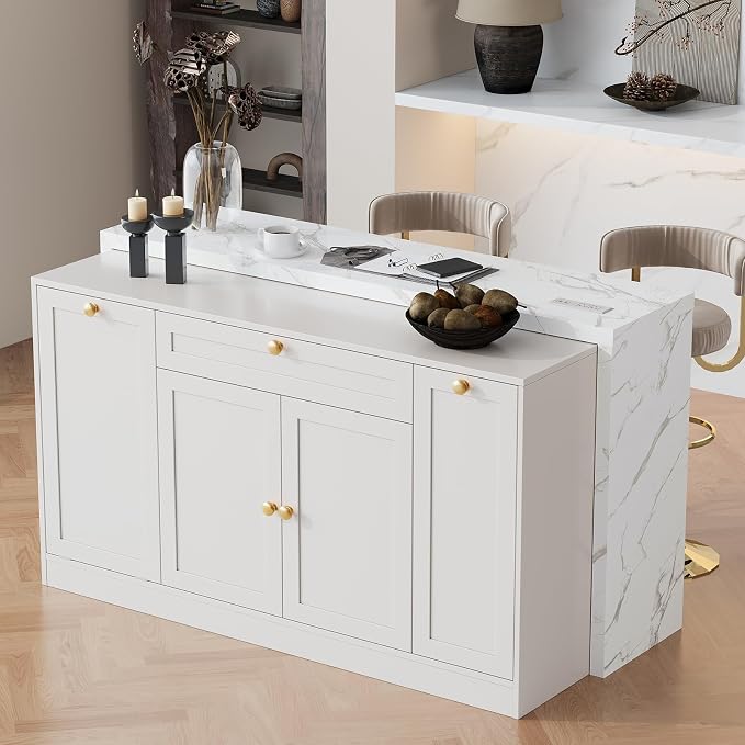 ONBRILL 63" Kitchen Island with Storage, Island Table with Power Outlet & Trash Cabinet, Kitchen Island with Marble Countertop for Kitchen, Dining Room, Living Room, White