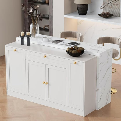 ONBRILL 63" Kitchen Island with Storage, Island Table with Power Outlet & Trash Cabinet, Kitchen Island with Marble Countertop for Kitchen, Dining Room, Living Room, White