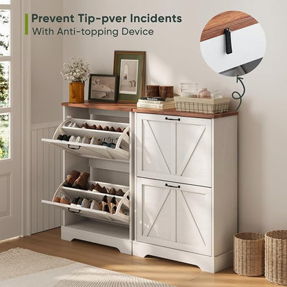 Smart FENDEE Shoe Cabinet, Shoe Storage Cabinet for Entryway with 2 Flip Drawers, Narrow Farmhouse Shoe Organizer Cabinet, Slim Shoe Rack Cabinet, White