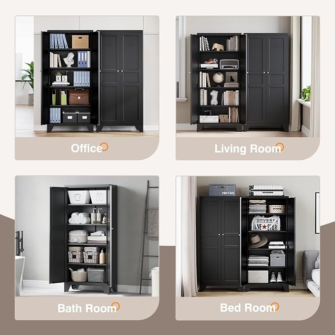 Yizosh Metal Pantry Cabinet,Tall Kitchen Pantry Storage Cabinet with Doors and Adjustable Shelves - 61" Black Cupboard Cabinet for Kitchen, Living Room,Dining Room,Home