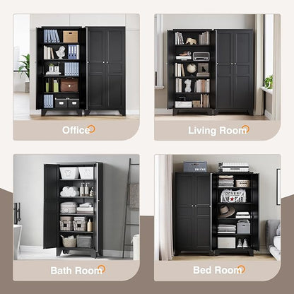 Yizosh Metal Pantry Cabinet,Tall Kitchen Pantry Storage Cabinet with Doors and Adjustable Shelves - 61" Black Cupboard Cabinet for Kitchen, Living Room,Dining Room,Home