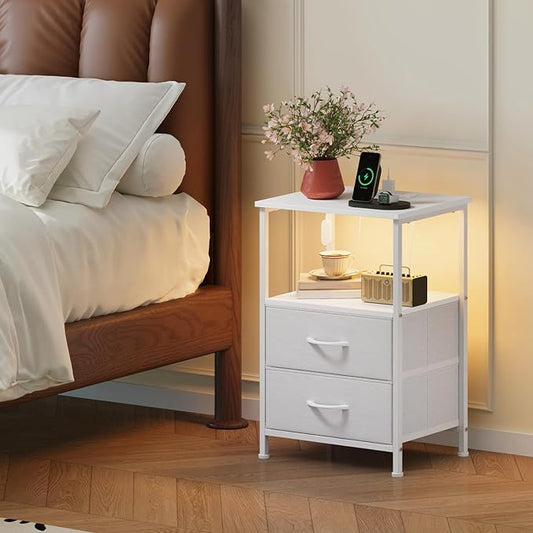 Somdot White Nightstand with Charging Station and LED Light for Bedroom, 2 Drawers Dresser with Fabric Bins for Bedside Kids Dorm Room Closet Laundry Entryway, White Leather