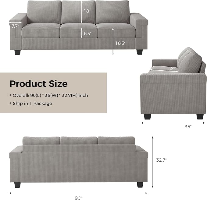 COPIAE 3 Seater Sofa Couch with Deep Seat, 90" Modern Upholstered Sofa with Armrests, Easy Installation, Comfy Couches for Living Room, Apartment, Light Grey