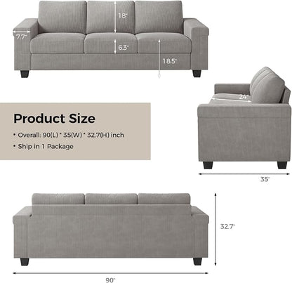 COPIAE 3 Seater Sofa Couch with Deep Seat, 90" Modern Upholstered Sofa with Armrests, Easy Installation, Comfy Couches for Living Room, Apartment, Light Grey
