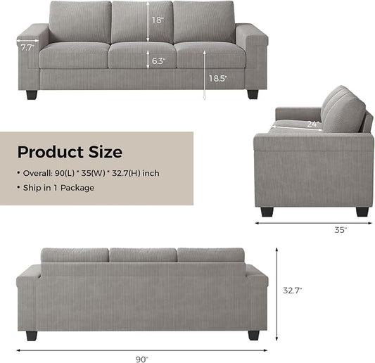COPIAE 3 Seater Sofa Couch with Deep Seat, 90" Modern Upholstered Sofa with Armrests, Easy Installation, Comfy Couches for Living Room, Apartment, Light Grey