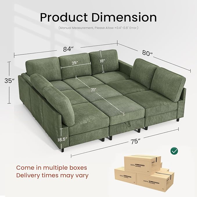 KKL Modular Sectional Sofa Bed - Sofabed with Storage Ottoman, Convertible L/U-Shaped Sleeper Couch for Living Room, Modern Reversible Design, Green