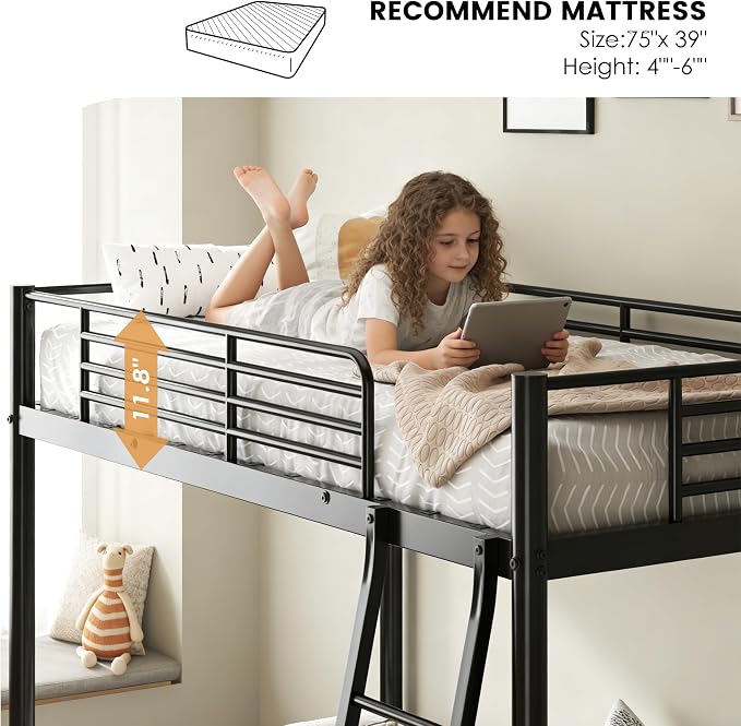 sogesfurniture Heavy-Duty Metal Bunk Bed with Safety Guardrail and Ladder,Twin Size (75"x39"), Space-Saving Design for Kids, Teens, Guest Room - Black
