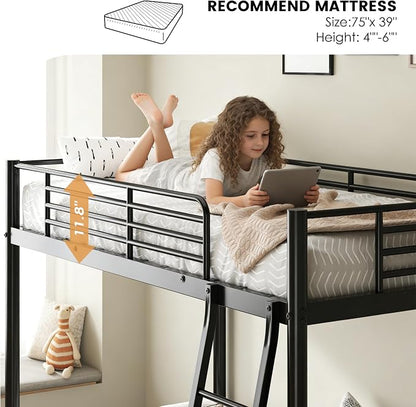 sogesfurniture Heavy-Duty Metal Bunk Bed with Safety Guardrail and Ladder,Twin Size (75"x39"), Space-Saving Design for Kids, Teens, Guest Room - Black