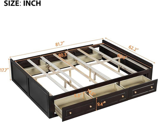 Merax Wood Queen Size Platform Bed Frame with 6 Drawers, Storage Bed Frame Without Headboard for Kids Teens and Adults, Espresso