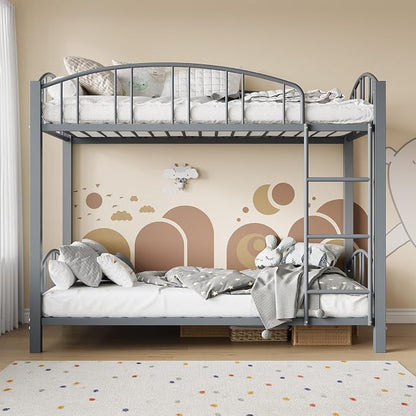 IDEALHOUSE Twin Over Twin Bunk Bed Frame, Twin Bunk Bed Frame with Heightened Arched Guardrail and Safety Ladder, Sturdy Steel Bed for School, Bedroom, Easy Assembly, Modern Matte Gray