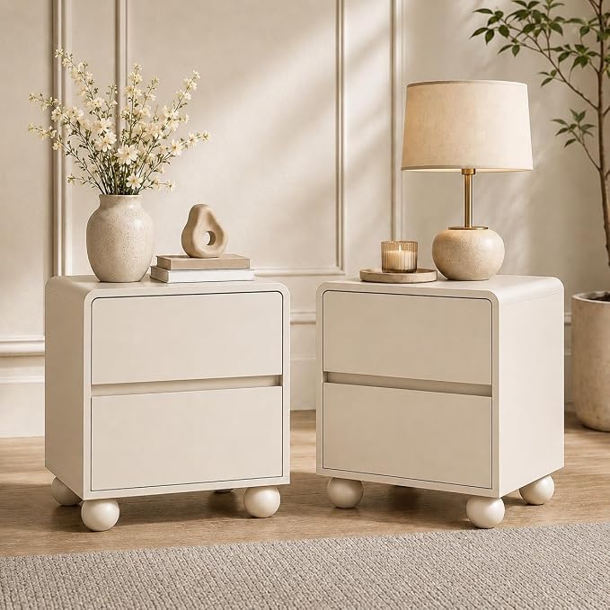 Furniway Beige Nightstand Set of 2, Modern 2 Drawer Bedside Table with Curved Profile Design and Handle-Free Drawers, Modern End Table with Storage for Bedroom