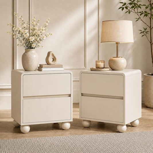Furniway Beige Nightstand Set of 2, Modern 2 Drawer Bedside Table with Curved Profile Design and Handle-Free Drawers, Modern End Table with Storage for Bedroom