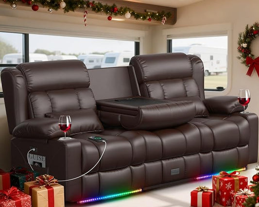 Power RV Loveseat Recliner Sofa, Electric Reclining Loveseat Couch with Flip Backrest, 3 Seat RV Recliner Sofa with USB & Type-C Ports, Zero Wall Hugger RV Furniture with Storage & LED Light