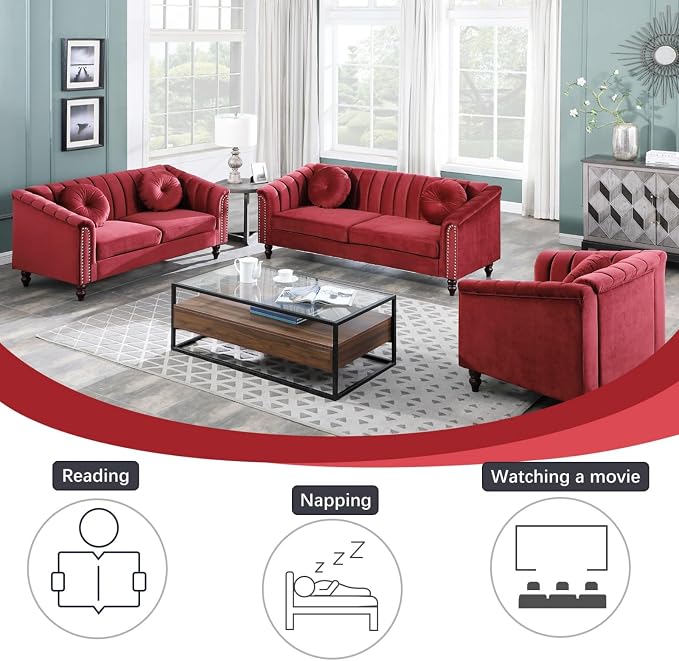 60" Loveseat Sofa, Microfiber Chesterfield Upholstered Sofas Love Seat, Couch Chair Sets with Style Button Tufted, Scroll Arms and Nailhead for Living Room, Office, Apartment-Red