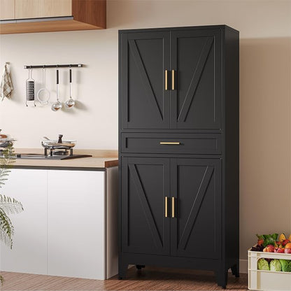 COFaR 71" Metal Pantry Cabinet with Drawer, Black Storage Cabinet with Adjustable Shelves, 3-Section Industrial Cupboard for Kitchen & Office