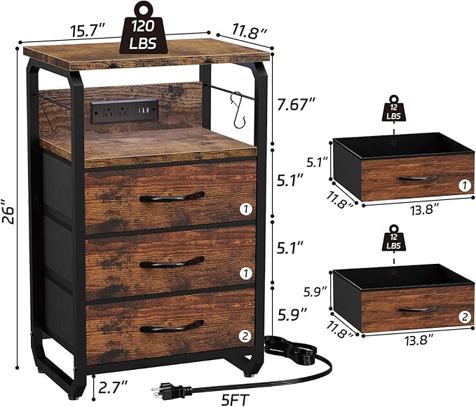 runjuly Night Stand with Charging Station, LED Nightstand with 3 Fabric Drawers and Hooks, Small End Table with Light and USB C Port, Storage Side Table for Bedroom, Rustic Brown