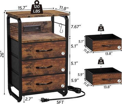 runjuly Night Stand with Charging Station, LED Nightstand with 3 Fabric Drawers and Hooks, Small End Table with Light and USB C Port, Storage Side Table for Bedroom, Rustic Brown