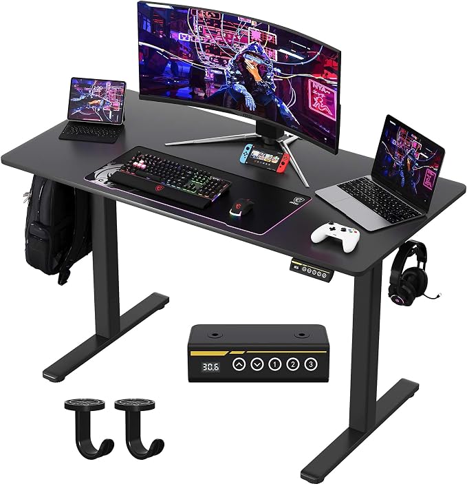 Electric Standing Desk,48x24 Inches Adjustable Height Stand up Desk, Sit Stand Home Office Desk with Splice Board, 3 Preset Heights,Equipped with Hooks,Ergonomic Computer Desk Workstation，Black