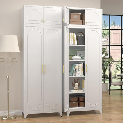 SteeLoong Metal Storage Cabinet and Wall Upper Storage Cabinet,90Inch White Kitchen Pantry Cabinets with 4 Adjustable Shelves,Tall Food Cupboards for Living Room, Dining Room Office