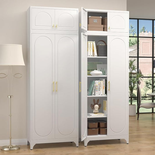 SteeLoong Metal Storage Cabinet and Wall Upper Storage Cabinet,90Inch White Kitchen Pantry Cabinets with 4 Adjustable Shelves,Tall Food Cupboards for Living Room, Dining Room Office