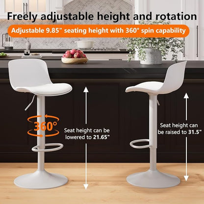 Kidol & Shellder Bar Stools Set of 4 Adjustable Swivel Counter Height Stools, Modern PU Leather Upholstered with Back Solid Color Barstools for Kitchen Island White